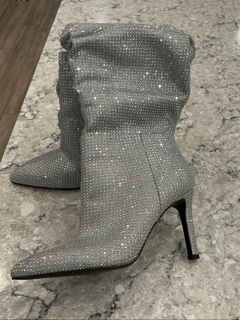 Gianni Bini Silver Rhinestone Slouchy Pointed-Toe Stiletto Boots